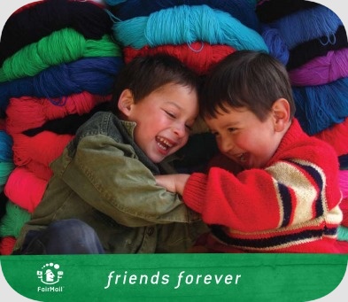 Fair Trade Photo Greeting Card 5-10_years, Activity, Casual clothing, Clothing, Colour image, Colourful, Cute, Day, Friendship, Happiness, Horizontal, Indoor, Joy, Latin, Looking away, Market, People, Peru, Playing, Portrait halfbody, Sitting, Smiling, South America, Together, Two boys, Youth
