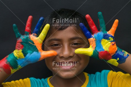 Fair Trade Photo Activity, Colour image, Colourful, Discrimination, Emotions, Happiness, Horizontal, Looking at camera, One boy, Paint, People, Peru, Smile, Smiling, South America, Tolerance, Values