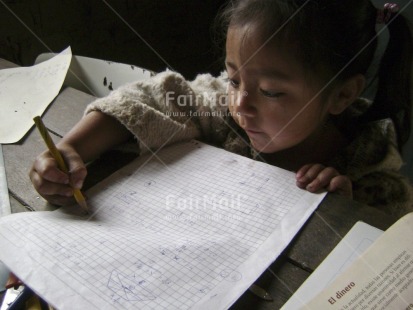 Fair Trade Photo Activity, Child labour, Colour image, Education, Exams, Good luck, Horizontal, Indoor, One girl, Pencil, People, Peru, Social issues, South America, Studying, Writing
