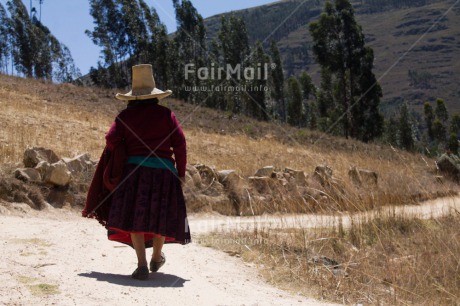Fair Trade Photo Activity, Clothing, Colour image, Ethnic-folklore, Hat, Horizontal, Old age, One woman, People, Peru, Rural, South America, Traditional clothing, Walking