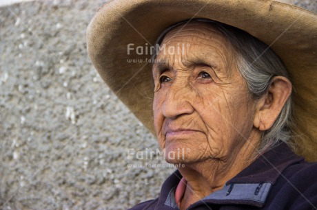 Fair Trade Photo Activity, Day, Hat, Horizontal, Latin, Looking away, Old age, One woman, Outdoor, People, Peru, Portrait headshot, Rural, Sombrero, South America