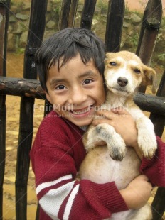 Fair Trade Photo 5-10 years, Activity, Animals, Colour image, Cute, Day, Dog, Friendship, Latin, Looking at camera, Love, One boy, Outdoor, People, Peru, Portrait halfbody, Rural, Smiling, South America, Vertical
