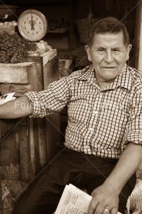 Fair Trade Photo Activity, Black and white, Casual clothing, Clothing, Latin, Looking at camera, Market, Old age, One man, People, Peru, South America, Vertical