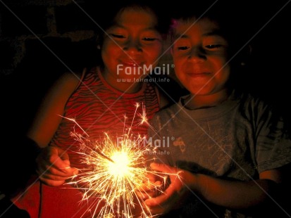 Fair Trade Photo Brother, Christmas, Colour image, Cute, Family, Firework, Friendship, Horizontal, Indoor, New Year, Night, People, Peru, Sister, Smile, Smiling, South America, Together, Two children