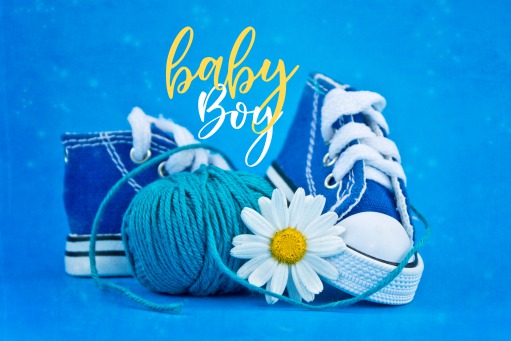 Fair Trade Photo Greeting Card Ball of yarn, Birth, Blue, Boy, Colour image, Daisy, Flower, Horizontal, New baby, People, Peru, Shoe, South America