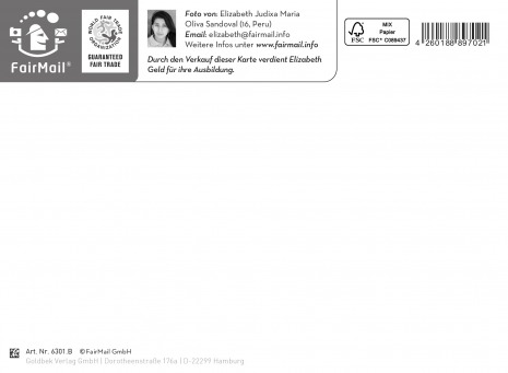 Fair Trade Photo Greeting Card Bio, Birth, Birthday, Body, Bud, Care, Change, Climate, Colour, Colour image, Congratulations, Donating, Earth, Eco-friendly, Environment, Fresh, Friendship, Future, Get well soon, Globe, Green, Ground, Grow, Growing, Growth, Hand, Horizontal, Land, Leaf, Life, Mothers day, Nature, New beginning, Object, Peru, Place, Planet, Plant, Pollution, Power, Protection, Resilience, Resilient, Sorry, South America, Strength, Success, Thank you, Thinking of you, Transformation, Water, Well done, World Backside