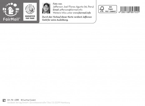 Fair Trade Photo Greeting Card Bio, Birth, Birthday, Body, Bud, Care, Change, Climate, Colour, Colour image, Congratulations, Earth, Eco-friendly, Environment, Fresh, Friendship, Future, Get well soon, Globe, Green, Ground, Grow, Growing, Growth, Hand, Land, Life, Mothers day, Nature, New beginning, Object, Peru, Place, Planet, Plant, Pollution, Power, Protection, Resilience, Resilient, Sorry, South America, Strength, Success, Thank you, Thinking of you, Transformation, Vertical, Water, Well done, World Backside