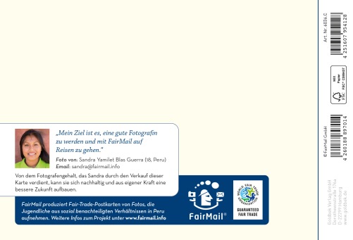 Fair Trade Photo Greeting Card Colour, Colourful, Friend, Friendship, Hand, Hands, Health, Hope, Love, Luck, People, Peru, Solidarity, South America, Success, Thinking of you, Together, Union, Values, Wish Backside