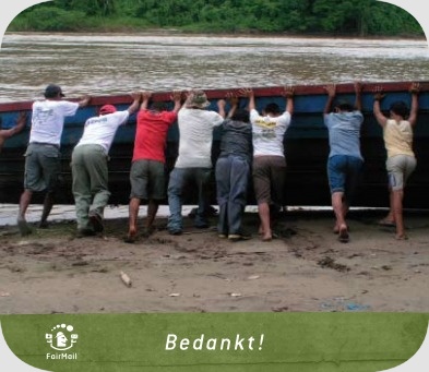 Fair Trade Photo Greeting Card Boat, Casual clothing, Clothing, Colour image, Communication, Cooperation, Group of men, Horizontal, People, Peru, River, Rural, South America, Strength, Thank you, Together, Water, Work