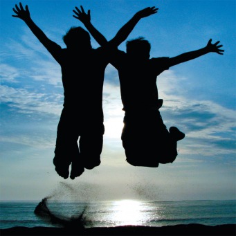 Fair Trade Photo Greeting Card 15-20_years, Activity, Backlit, Beach, Clouds, Colour image, Cooperation, Emotions, Evening, Friendship, Happiness, Horizontal, Jumping, Nature, Outdoor, People, Peru, Sand, Scenic, Sea, Silhouette, Sky, South America, Sun, Sunset, Two boys, Two children, Water