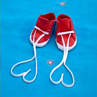 Fair Trade Photo Greeting Card Asia, Baby, Birth, Blue, Boy, Colour image, Congratulations, Heart, Horizontal, India, New baby, People, Red, Shoe, Studio