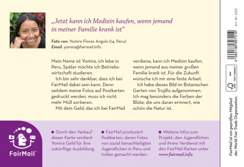 Fair Trade Photo Greeting Card Closeup, Colour image, Flower, Horizontal, Nature, Peru, Purple, South America, Yellow Backside