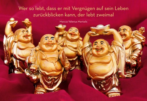 Fair Trade Photo Greeting Card Artistique, Asia, Buddhastatue, Buddhism, Colour image, Ethnic-folklore, Friendship, Funny, Gold, Good luck, Horizontal, India, Red, Religion, Religious object, Smiling, Spirituality, Statue, Tabletop, Together