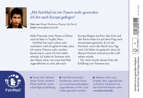 Fair Trade Photo Greeting Card Airplane, Clouds, Colour image, Evening, Horizontal, Nature, Peru, Scenic, Sky, South America, Sunset, Travel Backside