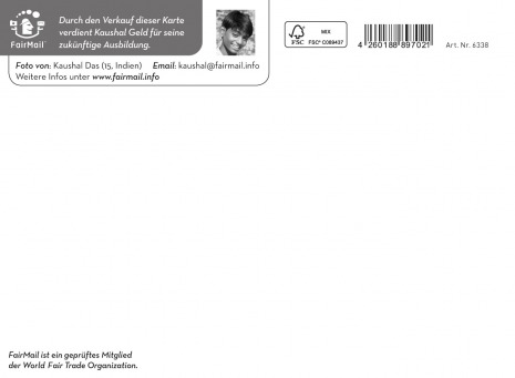 Fair Trade Photo Greeting Card Asia, Colour image, Day, Emotions, Friendship, Green, Happiness, Horizontal, India, Leaf, Love, Outdoor, Smile, Smiling, Together, Yellow Backside