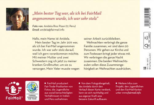 Fair Trade Photo Greeting Card Christmas, Colour image, Friendship, Owl, Peru, South America, Together, Tree Backside