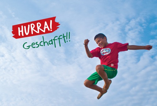Fair Trade Photo Greeting Card 10-15_years, Activity, Blue, Casual clothing, Clothing, Clouds, Colour image, Emotions, Freedom, Happiness, Health, Horizontal, Jumping, Latin, One boy, People, Peru, Sky, Smiling, South America, Sport, Summer