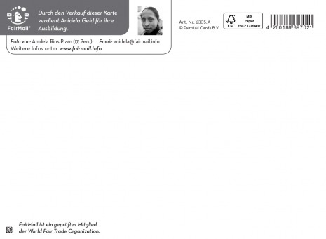 Fair Trade Photo Greeting Card Bean, Colour image, Food and alimentation, Funny, Get well soon, Green, Health, Pea, Peru, Smile, South America, Vegetables, Wellness Backside