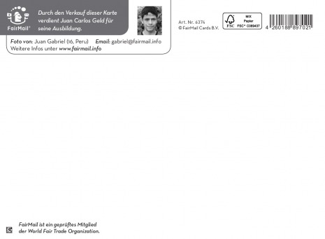 Fair Trade Photo Greeting Card 5_-10_years, Activity, Animals, Care, Colour image, Cute, Horse, Hugging, Latin, Love, One boy, People, Peru, Portrait halfbody, Rural, Smiling, South America Backside