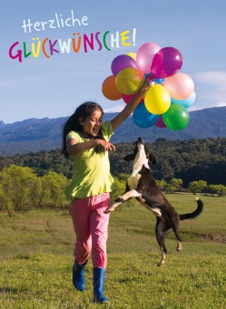 Fair Trade Photo Greeting Card Activity, Animals, Balloon, Birthday, Colour image, Day, Dog, Emotions, Friendship, Happiness, Horizontal, One girl, Outdoor, People, Peru, Playing, Rural, Smiling, South America