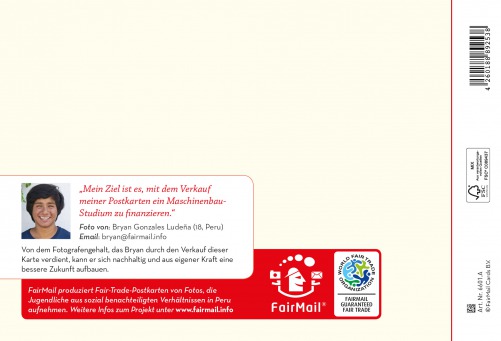 Fair Trade Photo Greeting Card Animals, Christmas, Colour image, Dog, Hat, Horizontal, Peru, Puppy, Snow, South America Backside