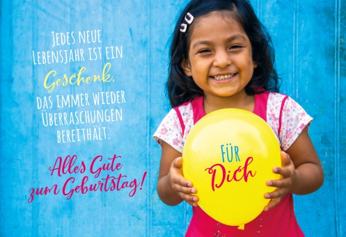 Fair Trade Photo Greeting Card 5_-10_years, Activity, Balloon, Birth, Birthday, Colour image, Horizontal, Latin, Looking at camera, New baby, One girl, People, Peru, Pink, Round, Smiling, South America, Yellow, Zero