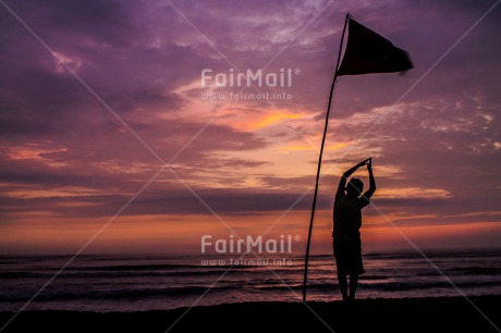 Fair Trade Photo Colour image, Flag, Horizontal, One boy, Peace, People, Shooting style, Silhouette, Spirituality, Sunset, Wellness, Yoga