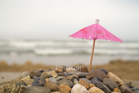 Fair Trade Photo Beach, Colour image, Day, Holiday, Horizontal, Ocean, Outdoor, Peru, Pink, Relax, Sea, Sky, South America, Stone, Umbrella, Water