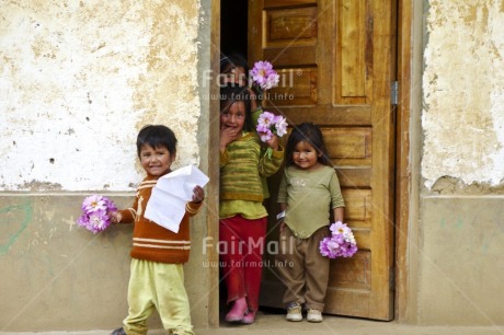 Fair Trade Photo 5 -10 years, Colour image, Cute, Door, Flower, Group of children, Horizontal, House, Latin, People, Peru, Rural, Smiling, South America, Streetlife