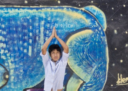 Fair Trade Photo 10-15 years, Activity, Blue, Casual clothing, Clothing, Colour image, Day, Horizontal, Latin, One boy, Outdoor, People, Peru, South America, Street, Streetlife, Yoga