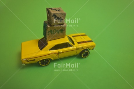 Fair Trade Photo Activity, Car, Carrying, Colour image, Good trip, Green, Horizontal, Moving, New home, Peru, South America, Studio, Transport, Yellow