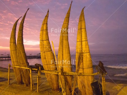 Fair Trade Photo Beach, Clouds, Ethnic-folklore, Evening, Fisheries, Fishing boat, Horizontal, Huanchaco, Outdoor, Peru, Sky, South America, Water