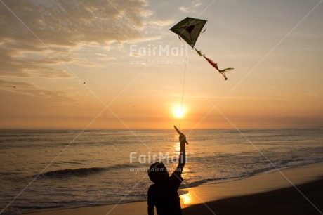 Fair Trade Photo Activity, Backlit, Beach, Clouds, Colour image, Evening, Freedom, Hope, Kite, One boy, Outdoor, People, Peru, Playing, Sea, Silhouette, Sky, South America, Summer, Sunset, Water