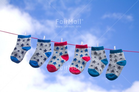 Fair Trade Photo Birth, Blue, Boy, Clouds, Colour image, Horizontal, New baby, People, Peru, Sky, Sock, South America, Star, Washingline