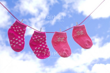 Fair Trade Photo Birth, Blue, Clouds, Colour image, Girl, Horizontal, New baby, People, Peru, Sky, Sock, South America, Washingline