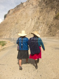 Fair Trade Photo Activity, Clothing, Colour image, Day, Friendship, Latin, Outdoor, People, Peru, Rural, Sombrero, South America, Traditional clothing, Two women, Vertical, Walking