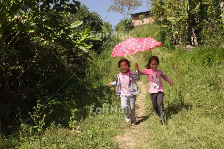 Fair Trade Photo Activity, Casual clothing, Clothing, Colour image, Day, Emotions, Friendship, Happiness, Horizontal, Outdoor, People, Peru, Running, Rural, Smiling, South America, Together, Two girls, Umbrella, Walking