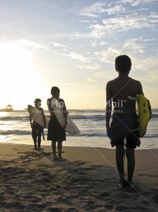 Fair Trade Photo 15-20 years, Beach, Colour image, Evening, Friendship, Group of boys, Outdoor, People, Peru, Sand, Sea, South America, Sport, Surfboard, Vertical
