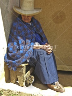 Fair Trade Photo Activity, Animals, Blue, Cat, Clothing, Colour image, Cute, Dailylife, Friendship, Hat, Old age, One woman, Outdoor, People, Peru, Portrait fullbody, Rural, Sitting, Sombrero, South America, Street, Streetlife, Traditional clothing, Vertical