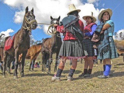 Fair Trade Photo 25-30 years, Animals, Clothing, Colour image, Entrepreneurship, Ethnic-folklore, Group of women, Horizontal, Horse, Latin, Market, Multi-coloured, Outdoor, People, Peru, Portrait fullbody, Rural, Saleswoman, Sombrero, South America, Traditional clothing, Transport