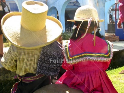 Fair Trade Photo Activity, Clothing, Colour image, Cute, Day, Ethnic-folklore, Festivals and Performances, Friendship, Hat, Horizontal, Looking away, One boy, One girl, Outdoor, People, Peru, Portrait halfbody, Sitting, Sombrero, South America, Together, Traditional clothing, Two children