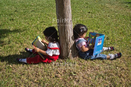 Fair Trade Photo 0-5 years, Book, Casual clothing, Clothing, Colour image, Cooperation, Cute, Day, Education, Friendship, Grass, Latin, Outdoor, People, Peru, Reading, School, Sister, South America, Together, Tree, Two girls