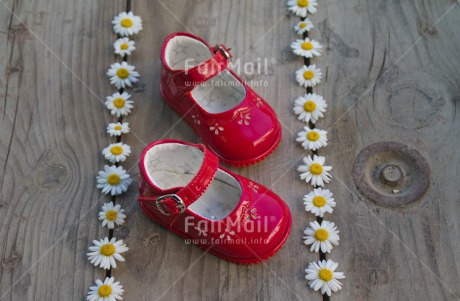 Fair Trade Photo Birth, Closeup, Colour image, Daisy, Flower, Girl, Horizontal, New baby, People, Peru, Red, Shoe, South America