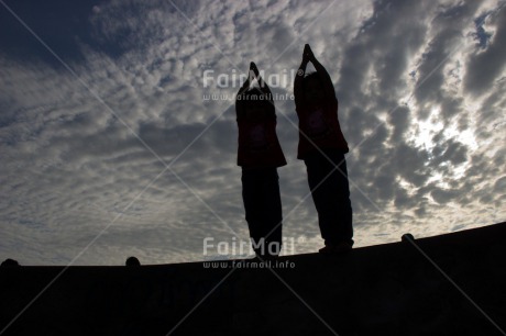 Fair Trade Photo Colour image, Evening, Health, Horizontal, Latin, Outdoor, People, Peru, Shooting style, Silhouette, South America, Two girls, Wellness, Yoga