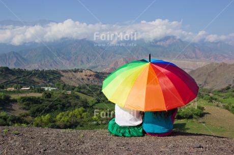Fair Trade Photo Colour image, Cute, Day, Friendship, Holiday, Horizontal, One boy, One girl, Outdoor, People, Peru, Rural, Scenic, South America, Together, Travel, Two children, Umbrella
