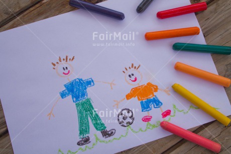 Fair Trade Photo Activity, Ball, Child, Colour image, Colourful, Crayon, Desk, Drawing, Father, Fathers day, Horizontal, Paper, Peru, Soccer, Son, South America