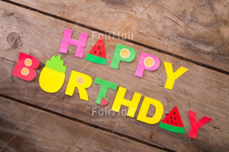 Fair Trade Photo Birthday, Colour image, Food and alimentation, Fruits, Horizontal, Letters, Multi-coloured, Paper, Peru, Seasons, South America, Summer, Table, Text, Wood