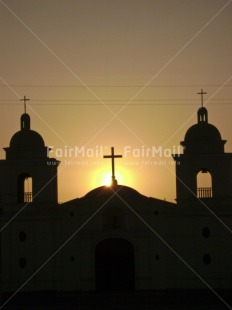 Fair Trade Photo Architecture, Backlit, Building, Christianity, Church, Colour image, Cross, Outdoor, Peru, Reflection, Religion, Silhouette, South America, Spirituality, Sun, Vertical, Wisdom