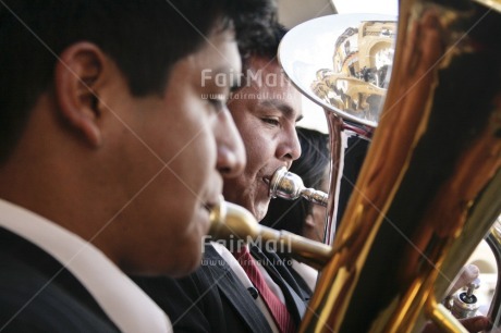 Fair Trade Photo Colour image, Day, Festivals and Performances, Focus on background, Horizontal, Latin, Music, Orchestra, Outdoor, People, Peru, Playing music, South America, Two men