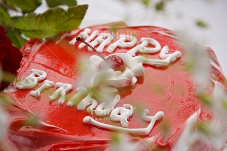 Fair Trade Photo Birthday, Cake, Cherry, Closeup, Colour image, Congratulations, Food and alimentation, Horizontal, Letter, Peru, Red, South America, White